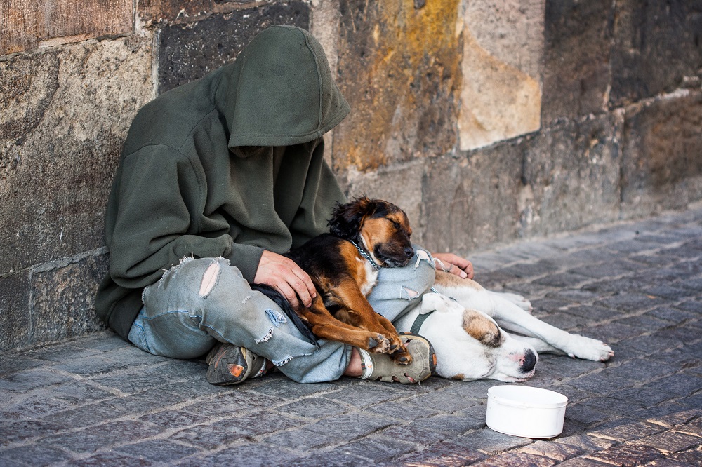 Hombre viviendo en la calle con su perro