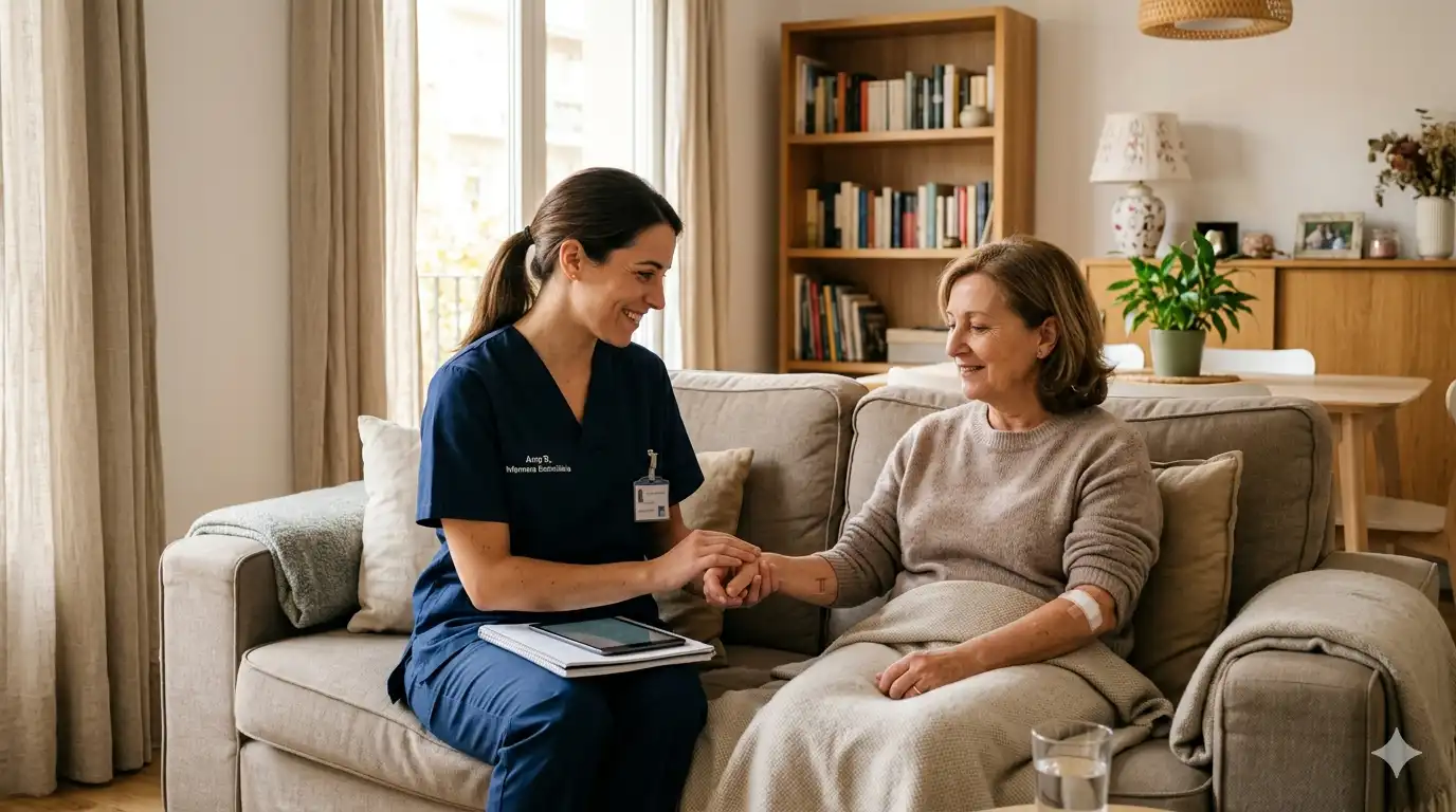 Una enfermera de atención domiciliaria sonriente, vestida con uniforme azul, toma de la mano y consuela a una paciente mayor con el brazo vendado en el sofá de la sala de estar.
