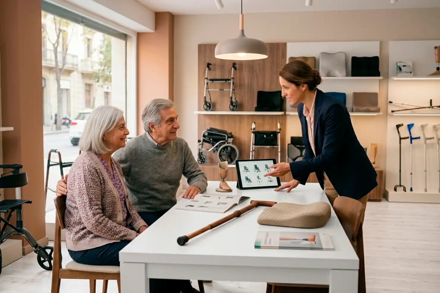 Asesora de una tienda de ayudas técnicas mostrando modelos de sillas de ruedas en una tablet a una pareja de personas mayores sentadas frente a ella en un escritorio.
