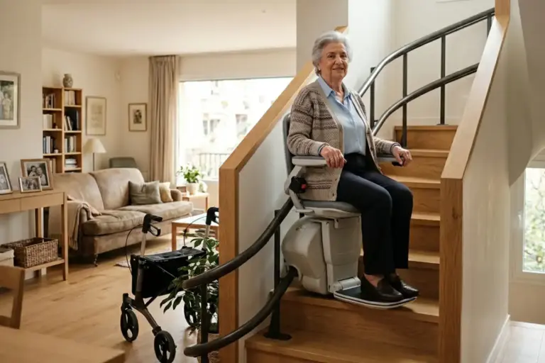 Mujer mayor sonriendo a cámara mientras está sentada en una silla salvaescaleras en el interior de su hogar; al pie de la escalera hay un andador aparcado.