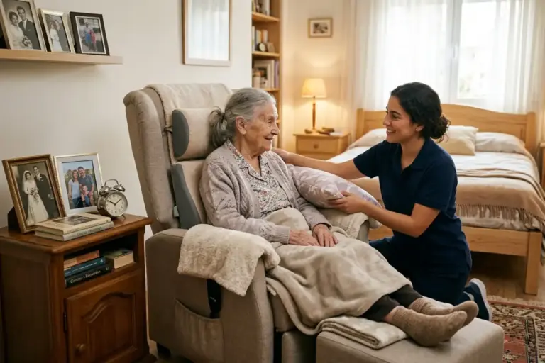 Cuidadora joven en uniforme acomodando un cojín a una mujer mayor que descansa plácidamente en un sillón reclinable eléctrico con soporte para el cuello.