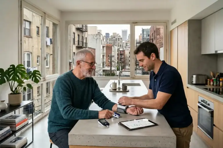 Cuidador masculino tomando la presión arterial con un tensiómetro de brazo a un hombre mayor en la cocina; sobre la mesa también hay un pulsioxímetro, un glucómetro y una tablet.