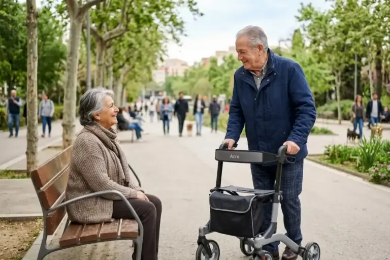 Hombre mayor utilizando un andador de cuatro ruedas (rollator) charlando alegremente con una mujer mayor que está sentada en el banco de un parque arbolado.