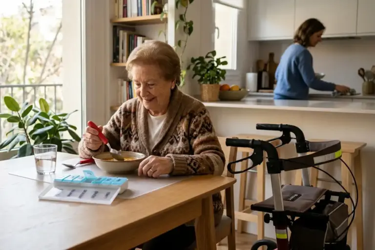Mujer mayor sonriente comiendo en la mesa de su hogar utilizando una cuchara con mango engrosado adaptado. Sobre la mesa hay un pastillero organizador semanal, a su lado un andador aparcado y, al fondo, otra mujer realizando tareas en la cocina.
