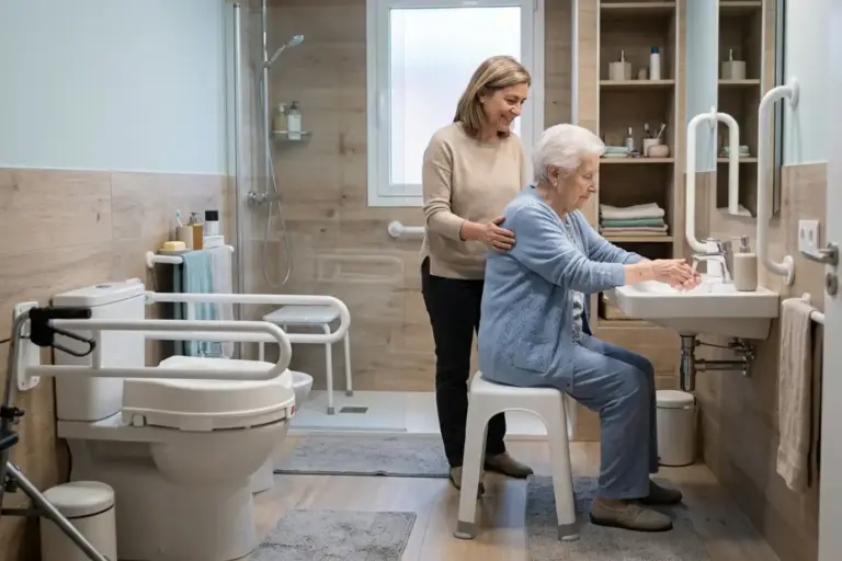 Mujer mayor sentada en un taburete de ducha lavándose las manos en el lavabo de un baño adaptado, mientras una cuidadora de pie detrás de ella le ofrece apoyo. En el baño se ve un inodoro con elevador y reposabrazos.